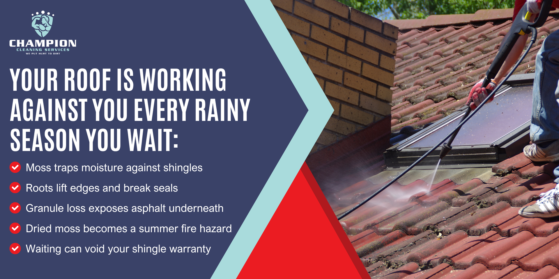 Roofing ad with red checklist over a house roof and a worker on a ladder in the rain