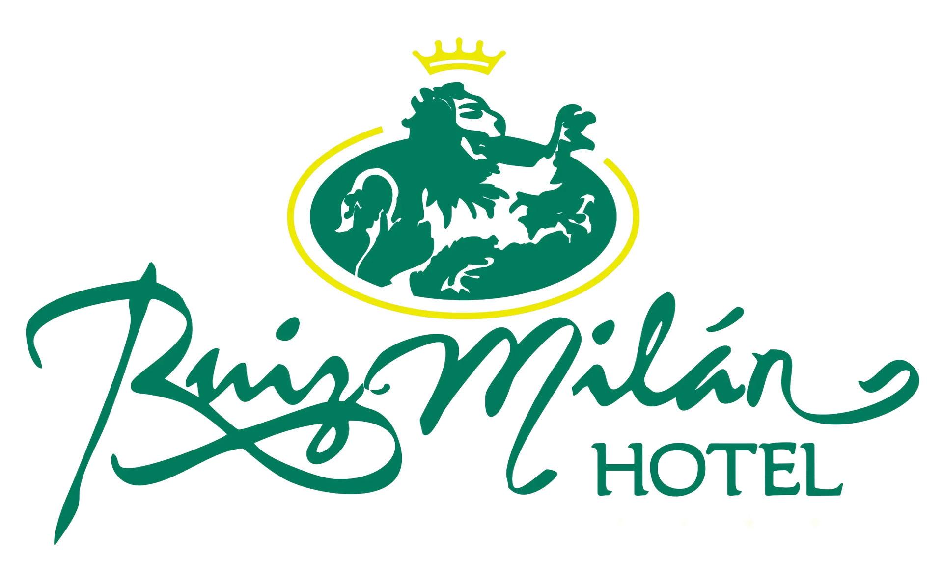 Logo for Ruiz Milán Hotel, featuring a green lion emblem with a yellow crown above, and elegant green script lettering.