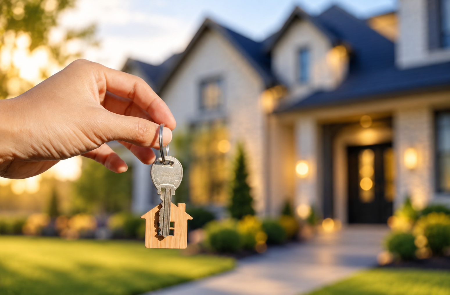 Hand holding house key in front of a blurred suburban home at sunset