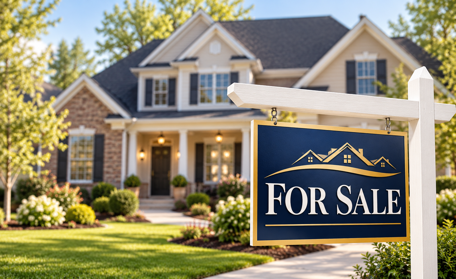 House for sale with a white sign in front of a suburban home and green lawn.
