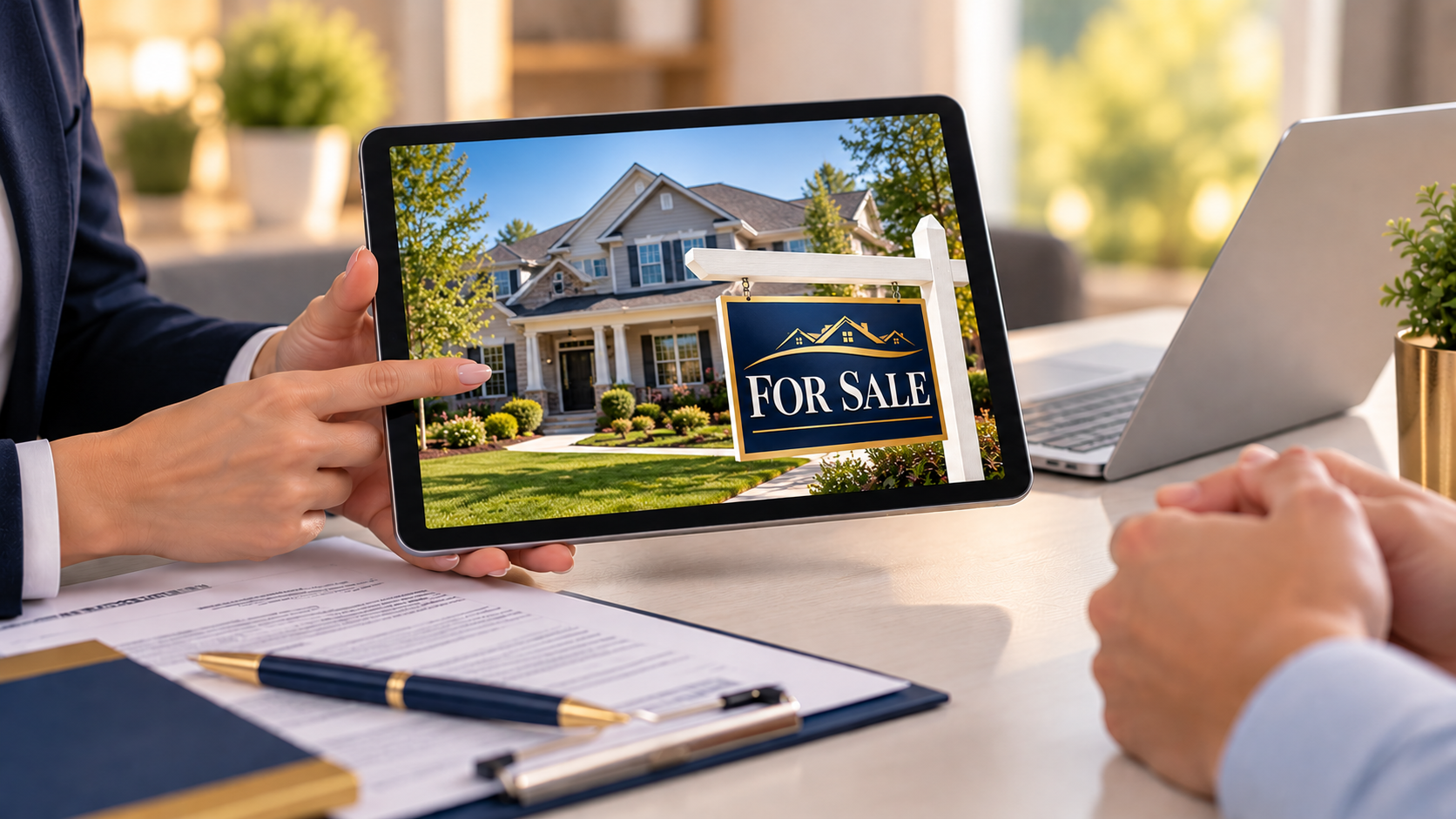 Tablet showing a house listing with “For Sale,” beside documents and a laptop on a desk