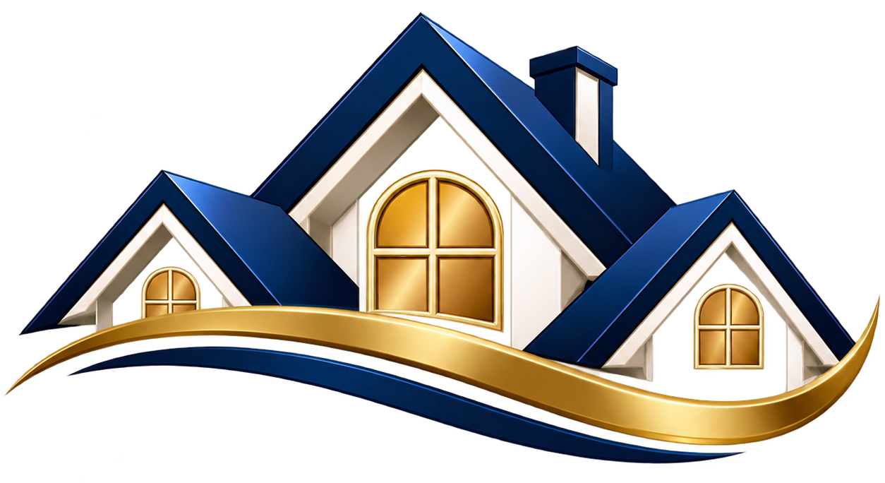 Stylized blue-roofed house logo with gold accents and a sweeping gold wave