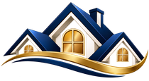 Stylized blue-roofed house logo with gold accents and a sweeping gold wave