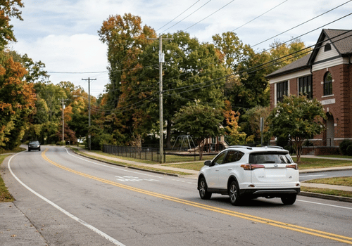 White Toyota RAV4 driving along a tree-lined road near a school in early fall