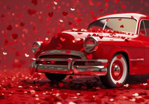 Red vintage car amid floating red heart petals on a matching red background