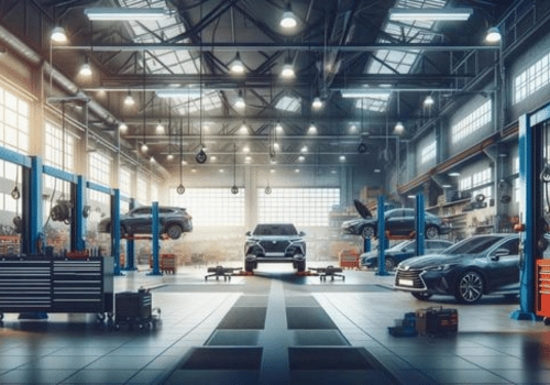 Spacious auto repair shop with cars on lifts and a black SUV centered under bright industrial lights