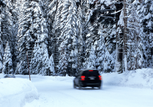 Black SUV driving on a snowy road through a snow-covered forest