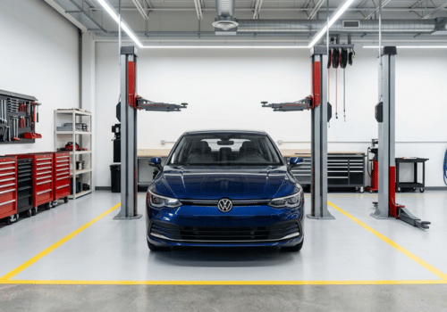 Front view of a blue Volkswagen sedan centered inside a clean, modern auto repair shop