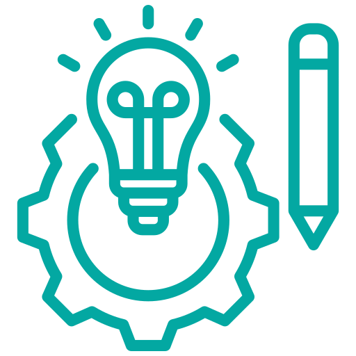 Teal icon: Lightbulb radiating light, inside gear, with a pencil next to it.