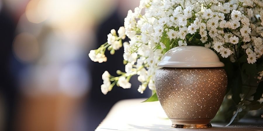 Small urn with white flowers on a table, lit by soft warm light.