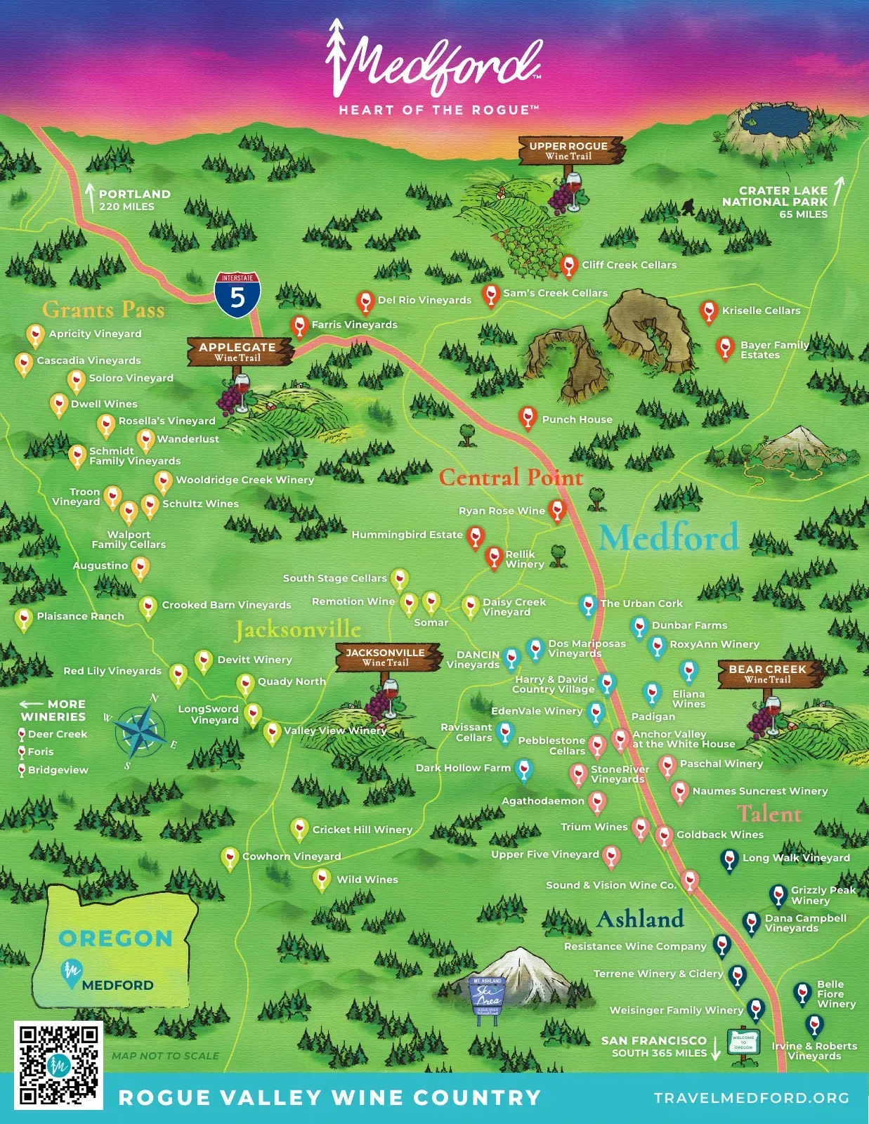 Travel Medford Rogue Valley wine map. Select to open the full map.