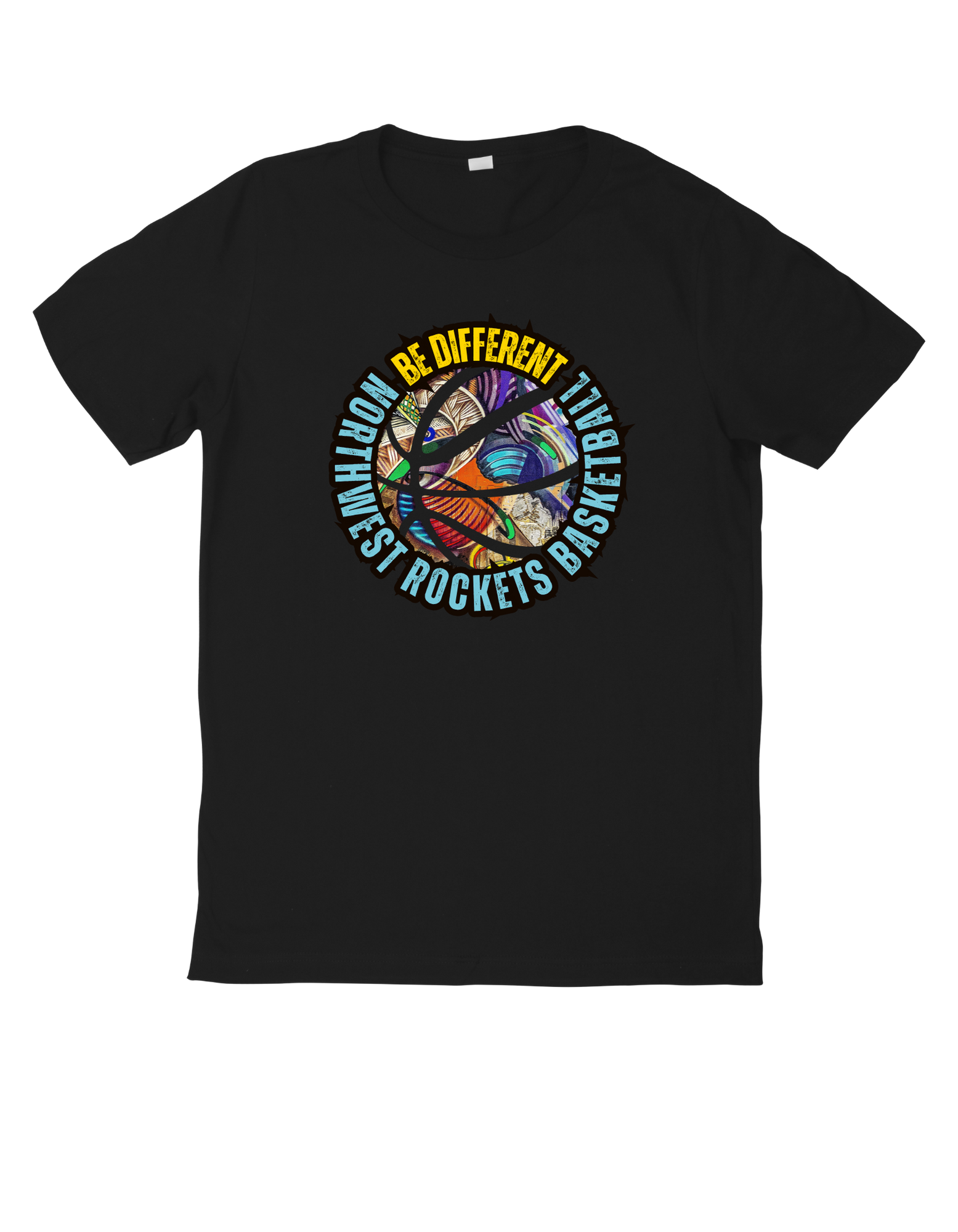 Black T-shirt with colorful circular rocket-themed graphic and text on the chest