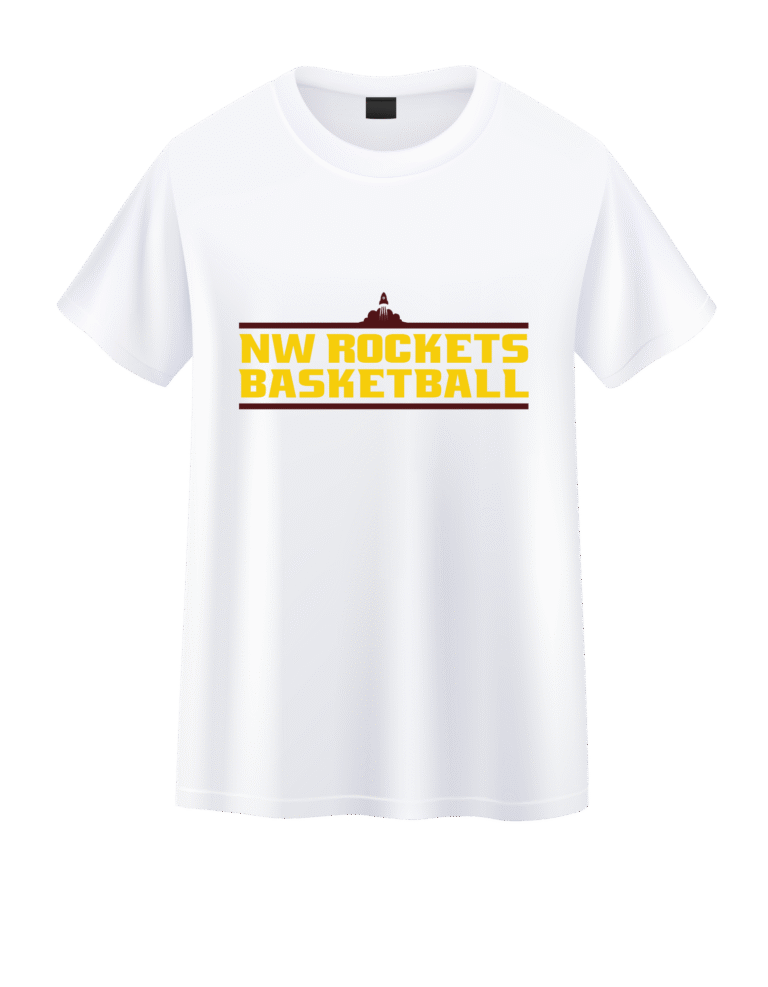 Classic White T-shirt with yellow and burgundy “NW ROCKETS BASKETBALL” text and a basketball logo on the chest