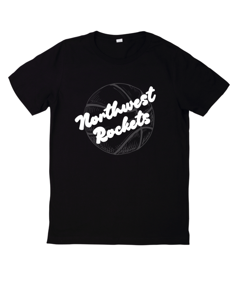 Black T-shirt with white “Northwest Rockets” text and circular logo on the chest