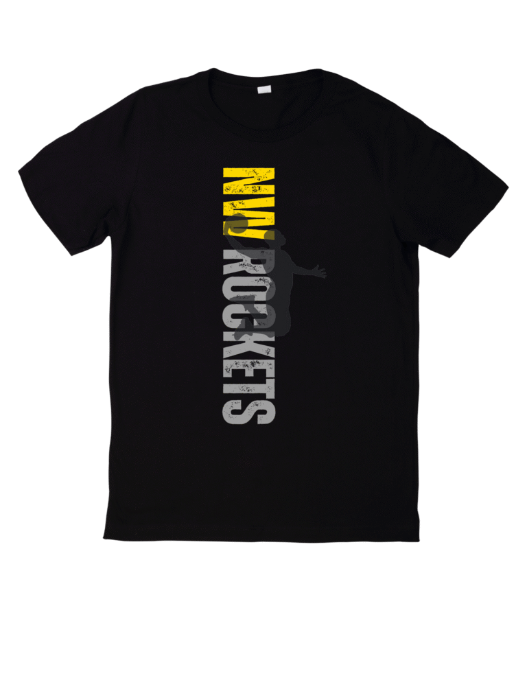 Classic White T-shirt with yellow and burgundy “NW ROCKETS BASKETBALL” text and a basketball logo on the chest