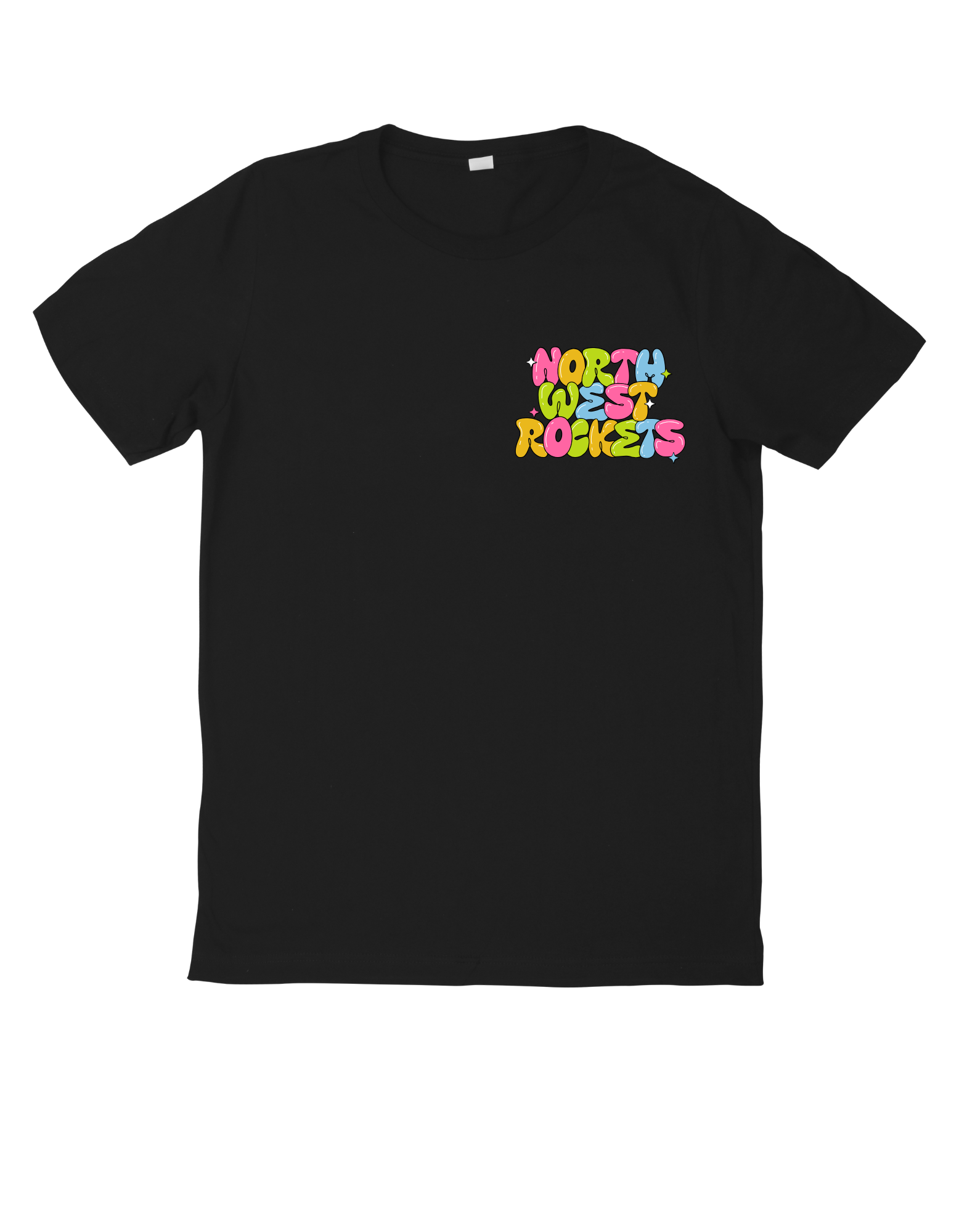 Classic White T-shirt with yellow and burgundy “NW ROCKETS BASKETBALL” text and a basketball logo on the chest