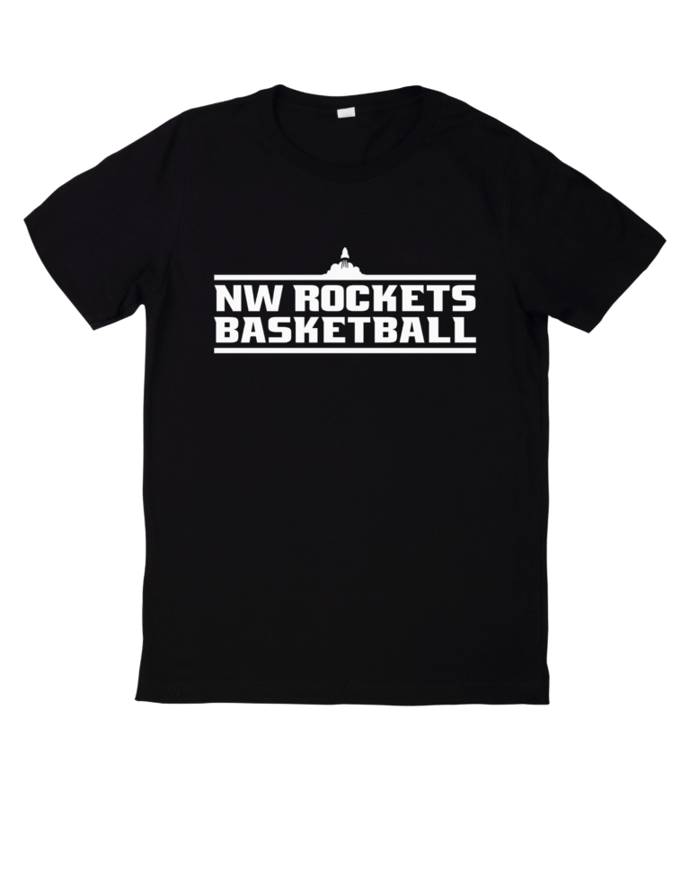 Classic White T-shirt with yellow and burgundy “NW ROCKETS BASKETBALL” text and a basketball logo on the chest