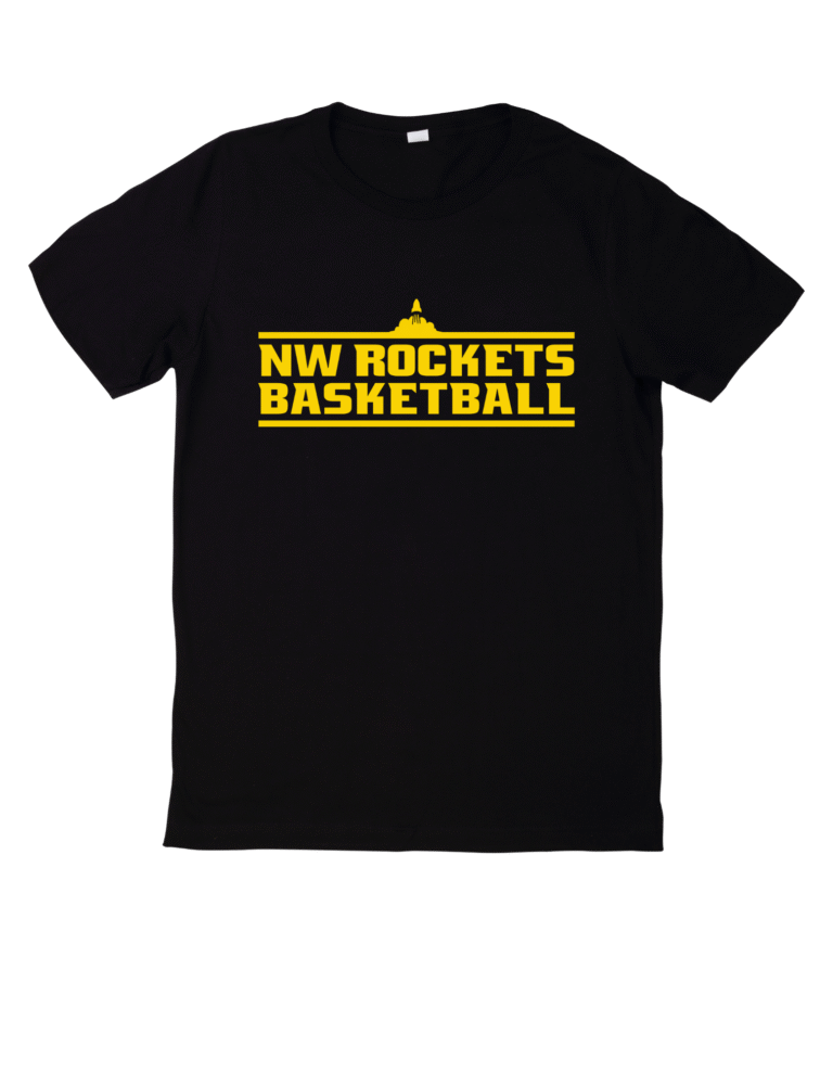 White T-shirt with a LARGE circular yellow and burgundy Northwest Rockets logo