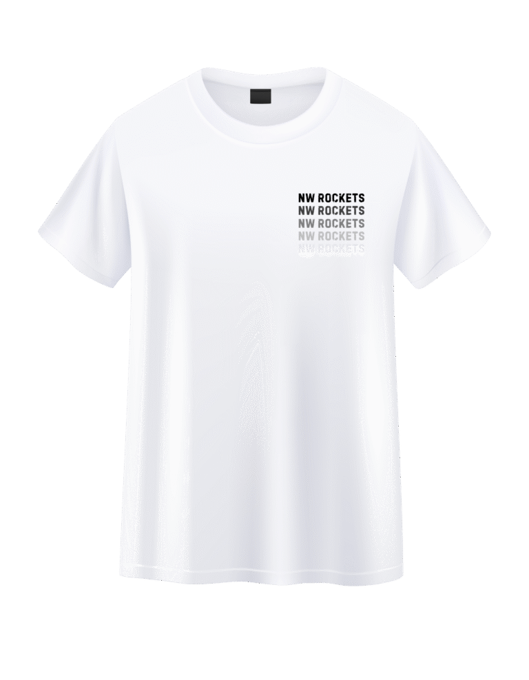 Classic White T-shirt with yellow and burgundy “NW ROCKETS BASKETBALL” text and a basketball logo on the chest