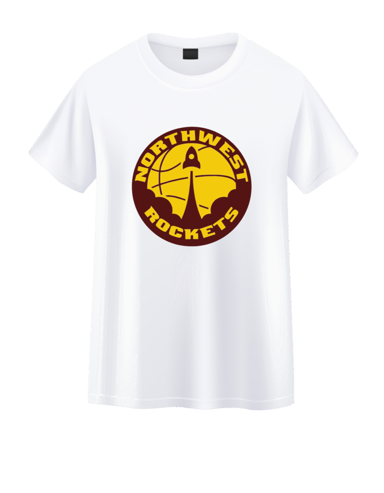 White T-shirt with a LARGE circular yellow and burgundy Northwest Rockets logo