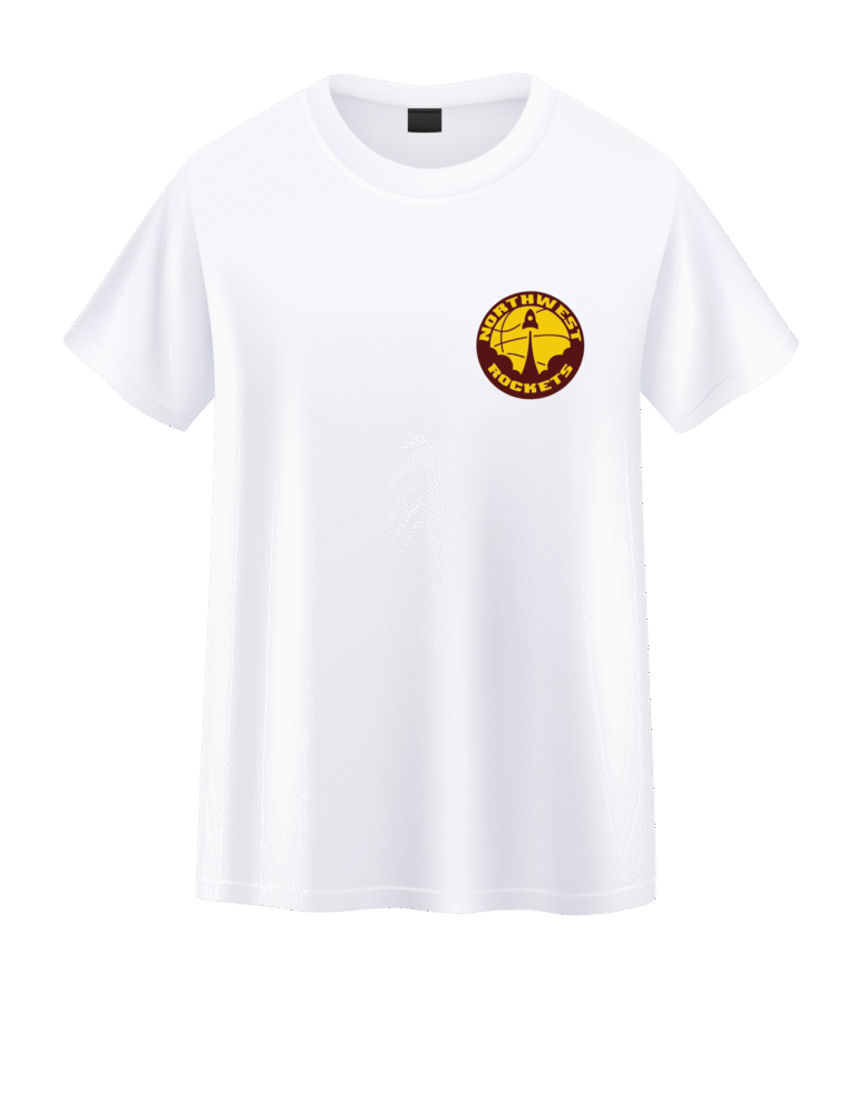 White T-shirt with a SMALL circular yellow and burgundy Northwest Rockets logo
