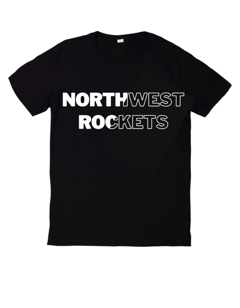 White T-shirt with a SMALL circular yellow and burgundy Northwest Rockets logo