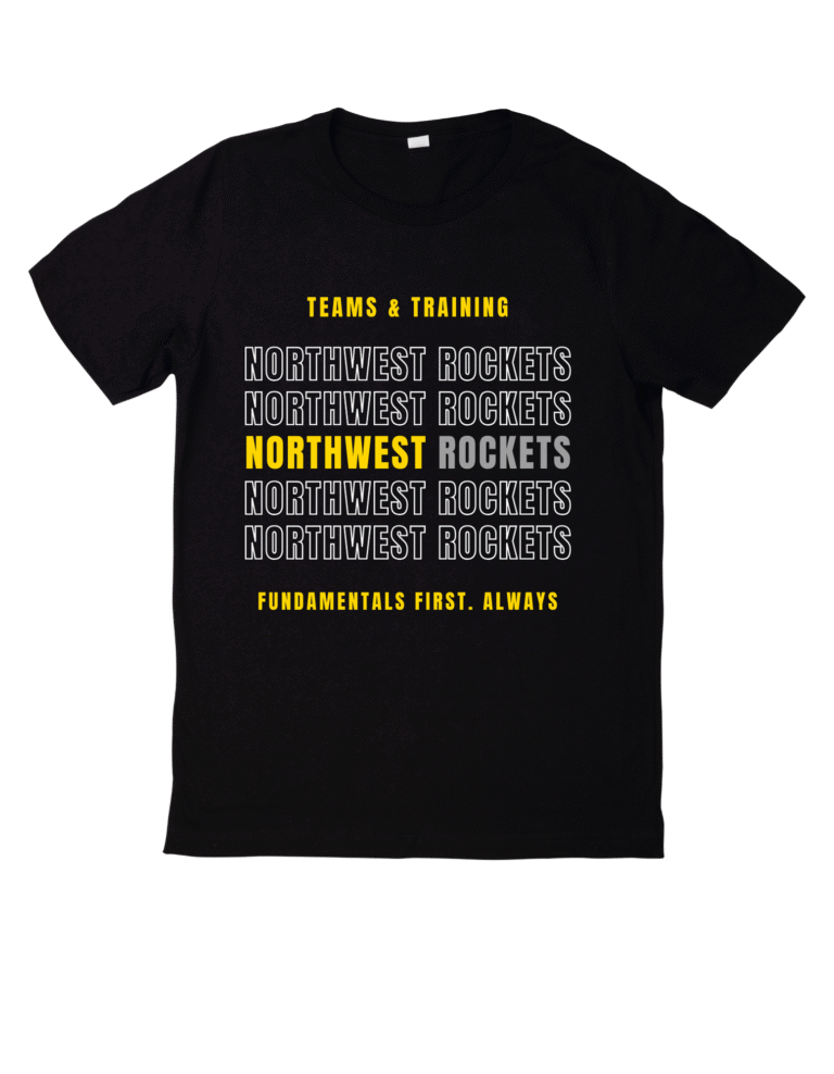 White T-shirt with a LARGE circular yellow and burgundy Northwest Rockets logo