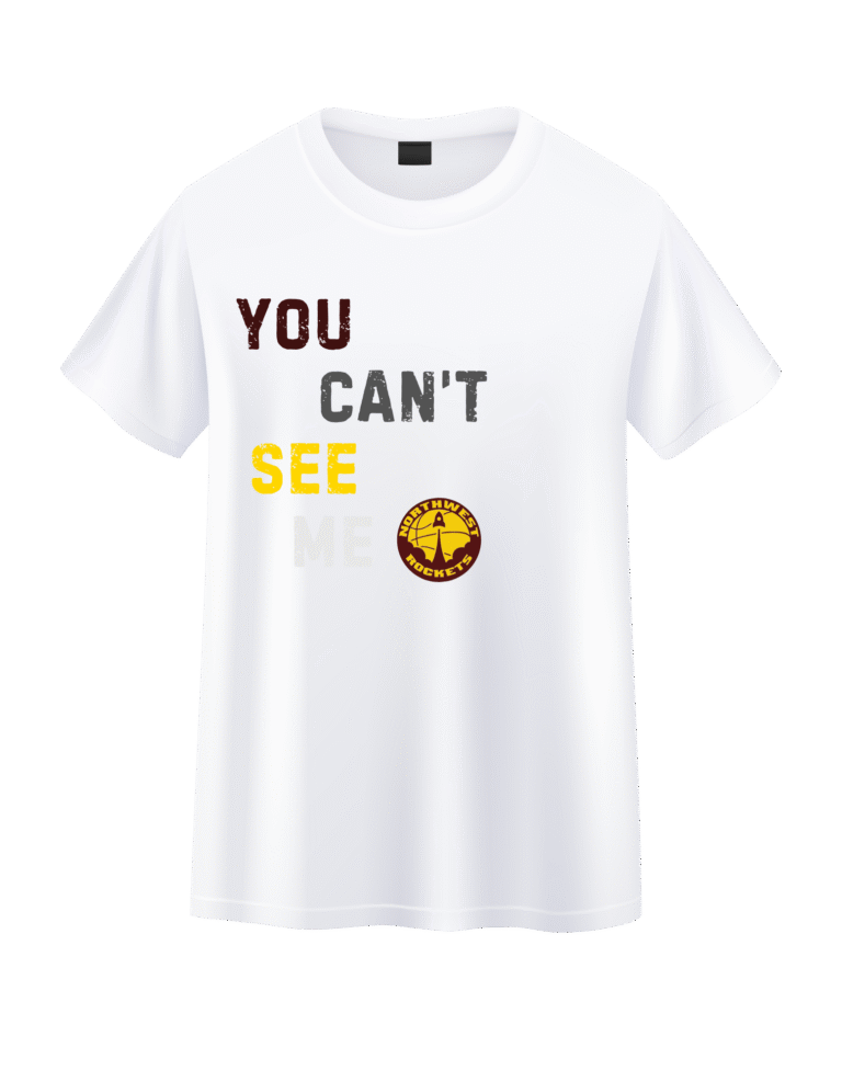 White T-shirt with a LARGE circular yellow and burgundy Northwest Rockets logo