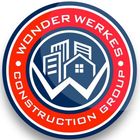 Circular logo for Wonder Werkes Construction Group; red and blue with white text and buildings.