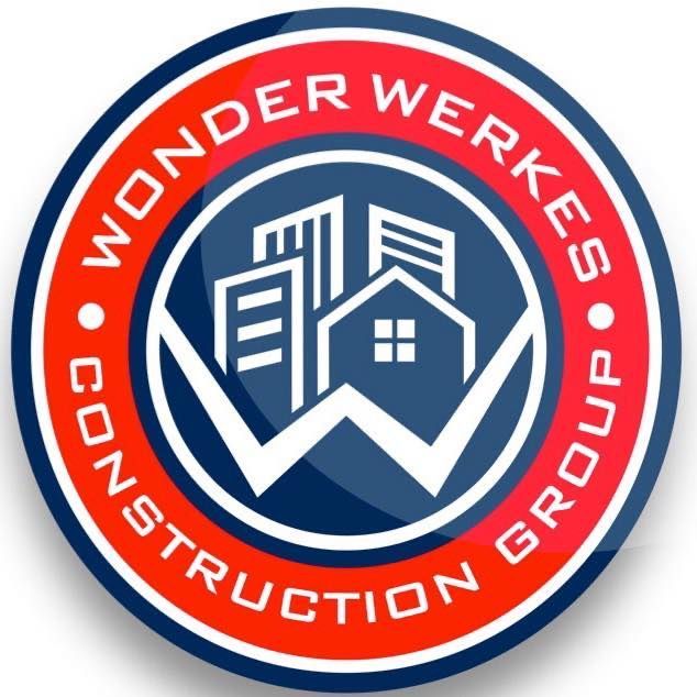 Circular logo for Wonder Werkes Construction Group; red and blue with white text and buildings.
