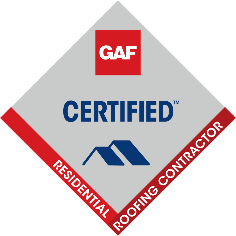 GAF Certified Residential Roofing Contractor badge in red, gray, and blue.