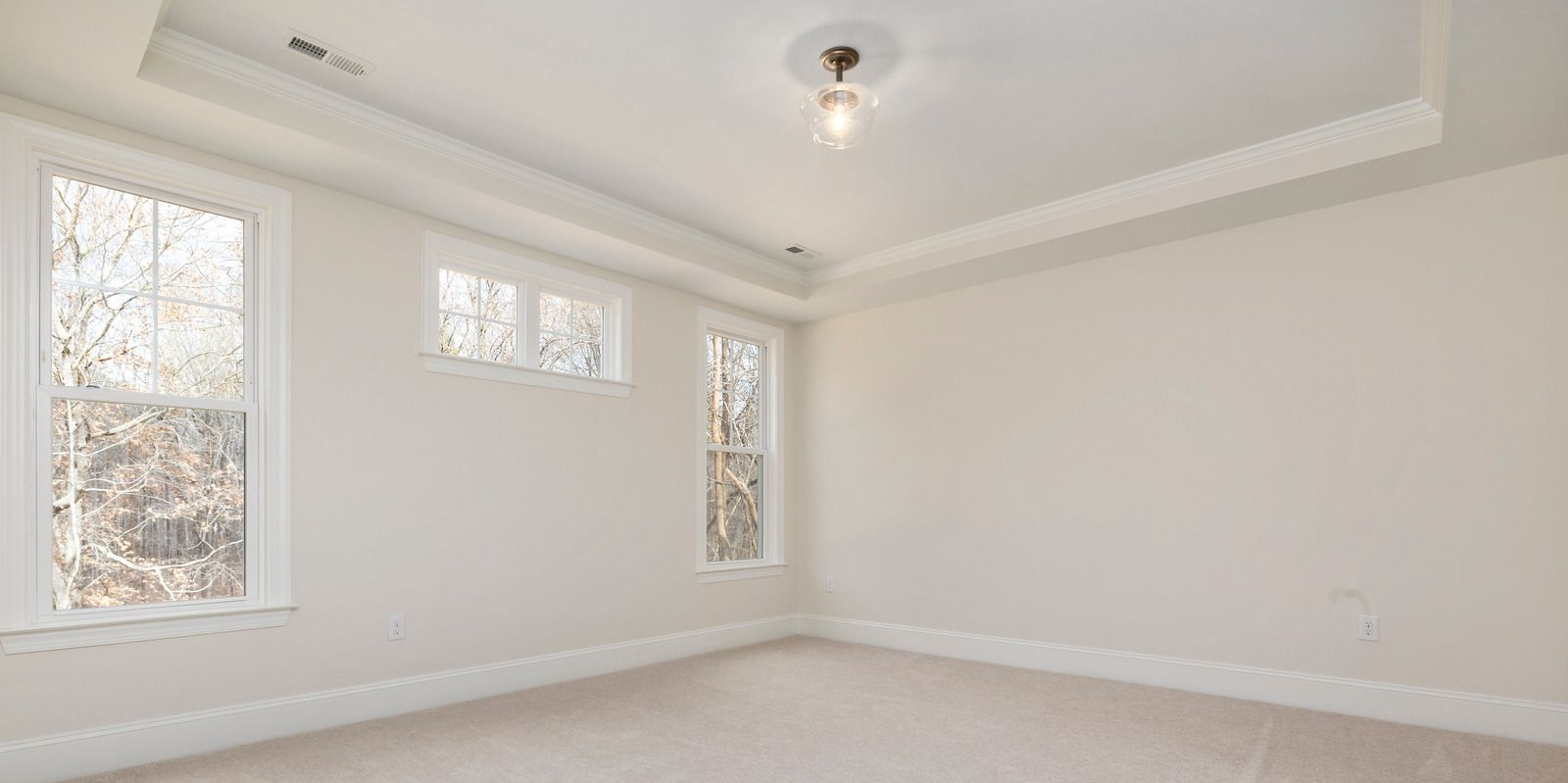 Bright empty room with beige carpet, white walls, and several windows letting in natural light