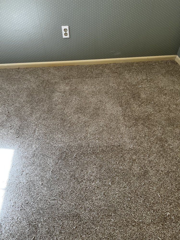 Empty carpeted room with gray wall, beige baseboard, and a visible electrical outlet.