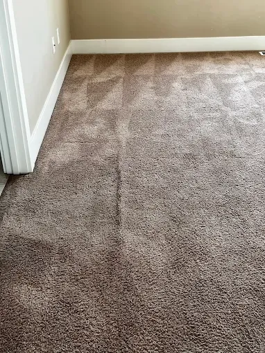 Empty beige carpeted room corner with white baseboards and a doorway on the left