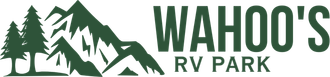 Green logo: Mountains and trees with