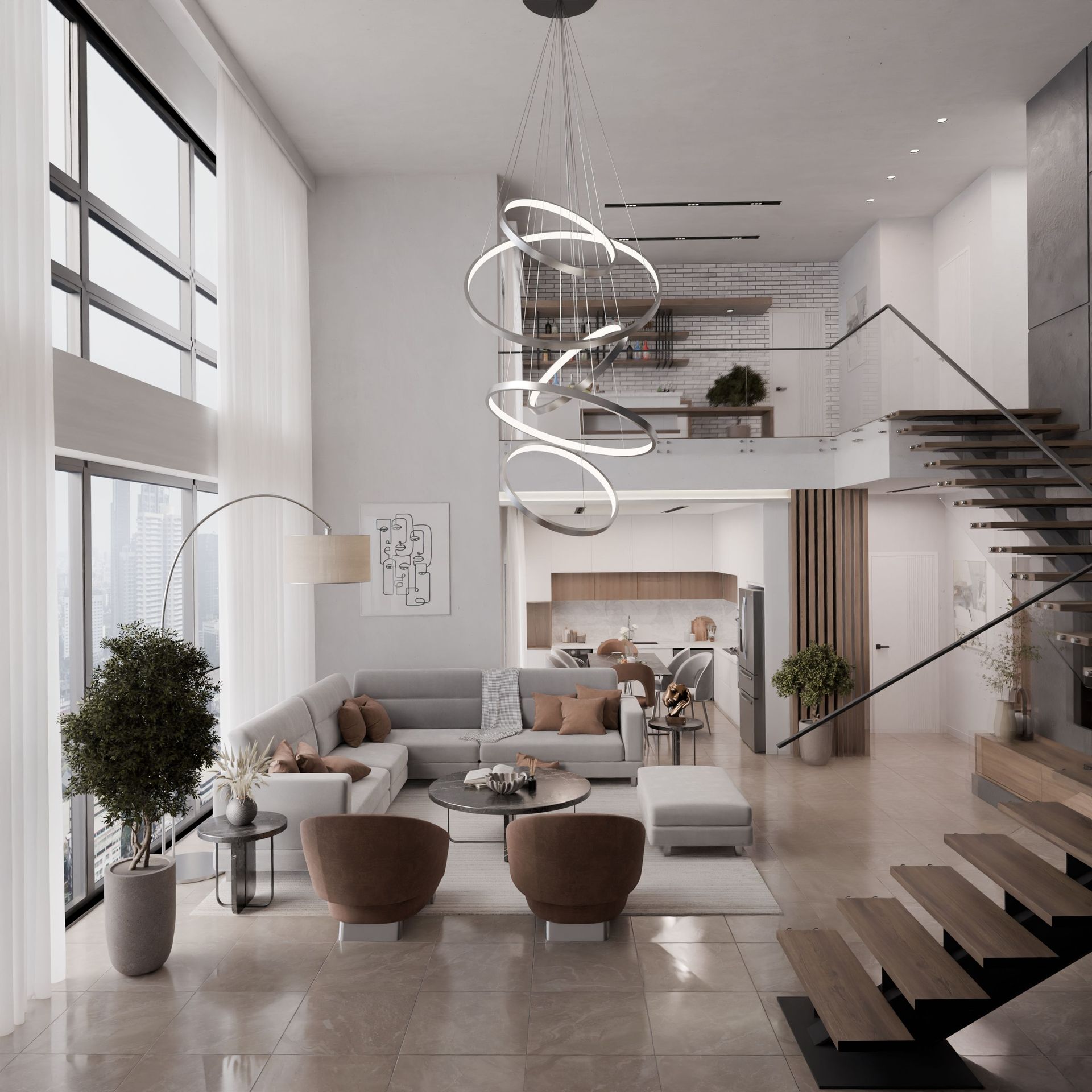 Modern open-plan living room with gray sofa, spiral chandelier, staircase, and large windows