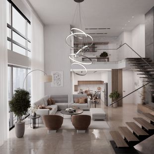Modern open-plan living room with gray sofa, spiral chandelier, staircase, and large windows