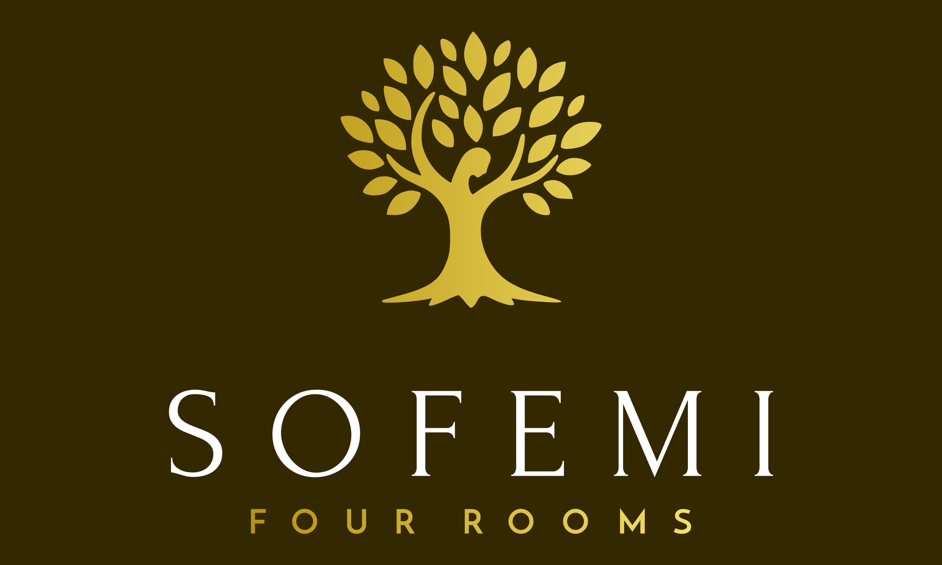 Logo di Sofemi Four Rooms con un emblema ad albero dorato su sfondo marrone scuro.