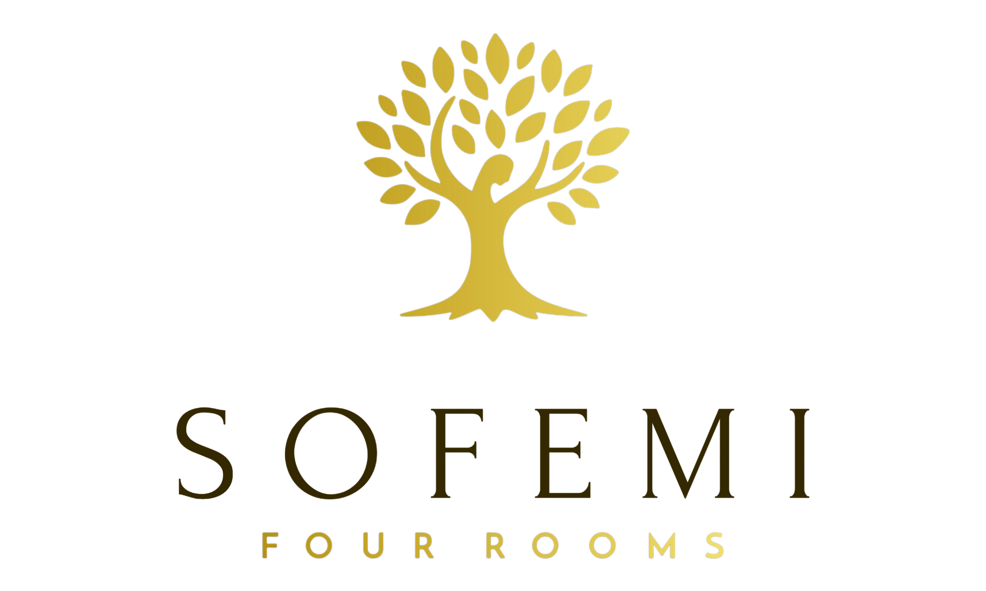 Logo di Sofemi Four Rooms con un albero dorato sopra un elegante testo serif su sfondo bianco.