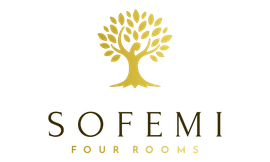 Logo di Sofemi Four Rooms con un albero dorato sopra un elegante testo serif su sfondo bianco.