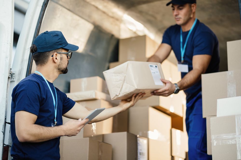 Two Delivery Workers Unloading Packages From a Truck — J & V Express Couriers In South Mackay, QLD