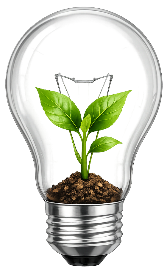 A lightbulb with soil and a green plant growing inside, symbolizing eco-friendly energy.