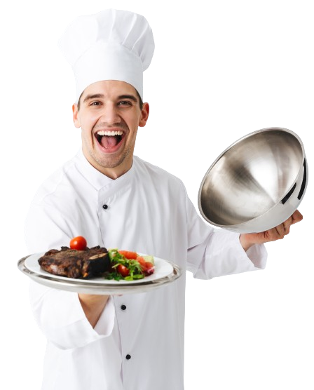 A chef is holding a bowl and a plate of food