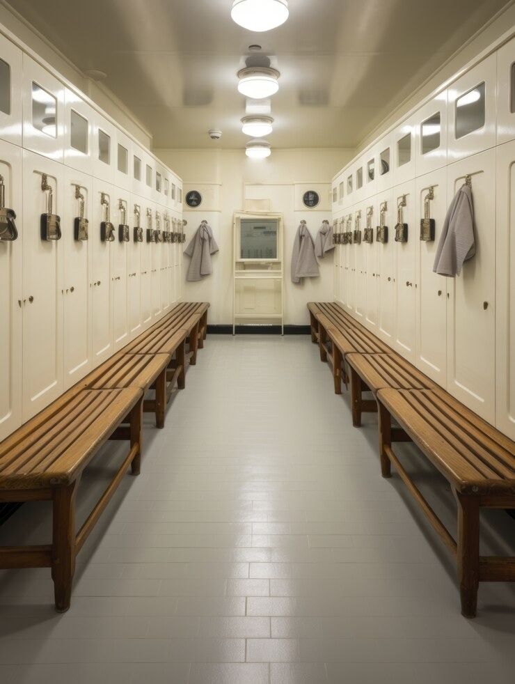 A Locker Room with Wooden Benches and White Cabinets — Top End Joinery In Yarrawonga, NT