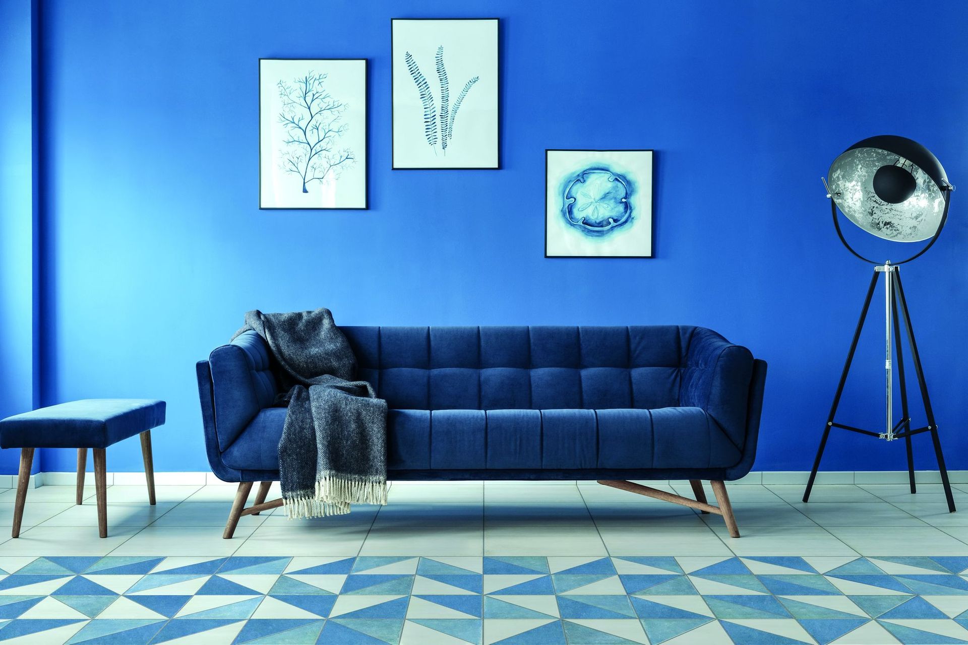 Un soggiorno con pareti blu e un divano blu.