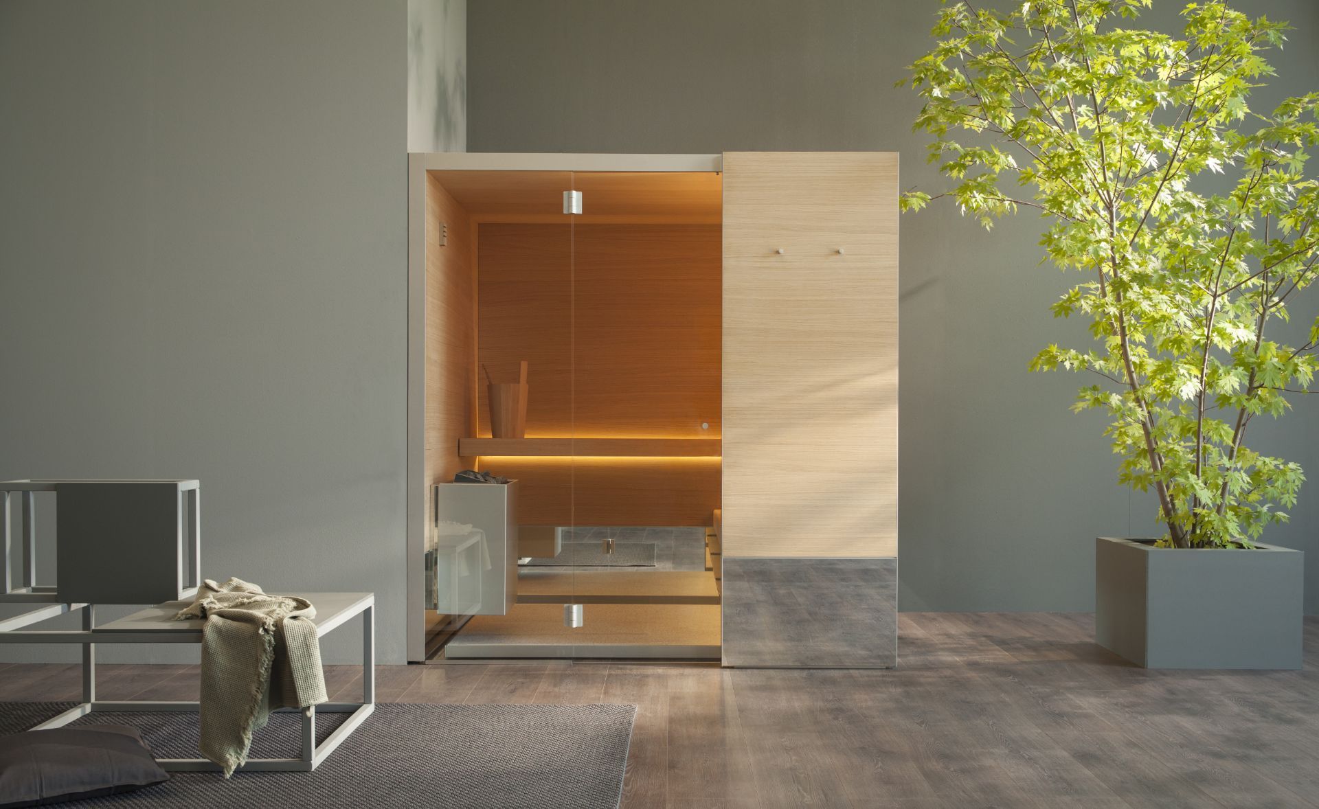 Un rendering 3d di una sauna moderna in un soggiorno.