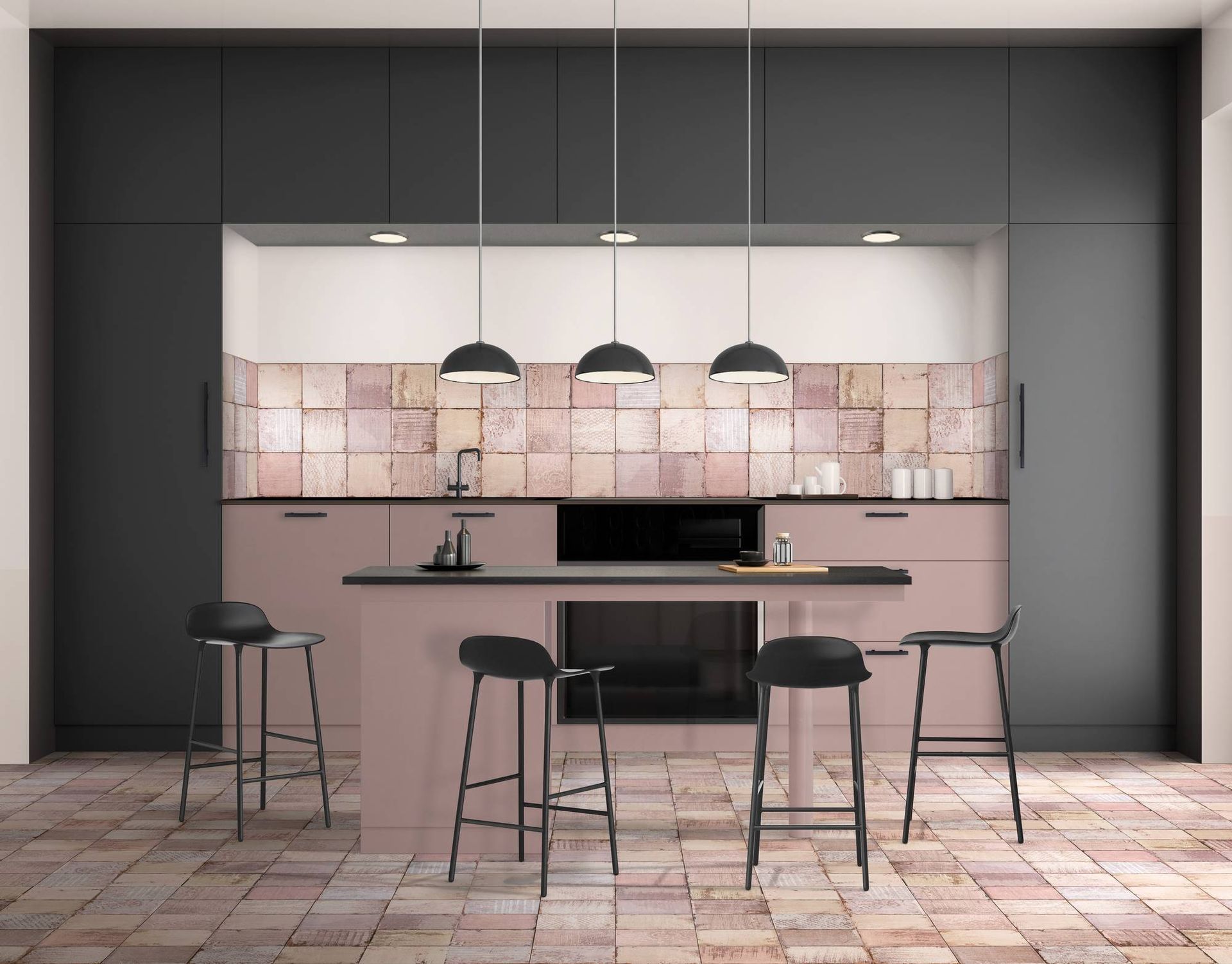Una cucina con mobili rosa e sgabelli neri