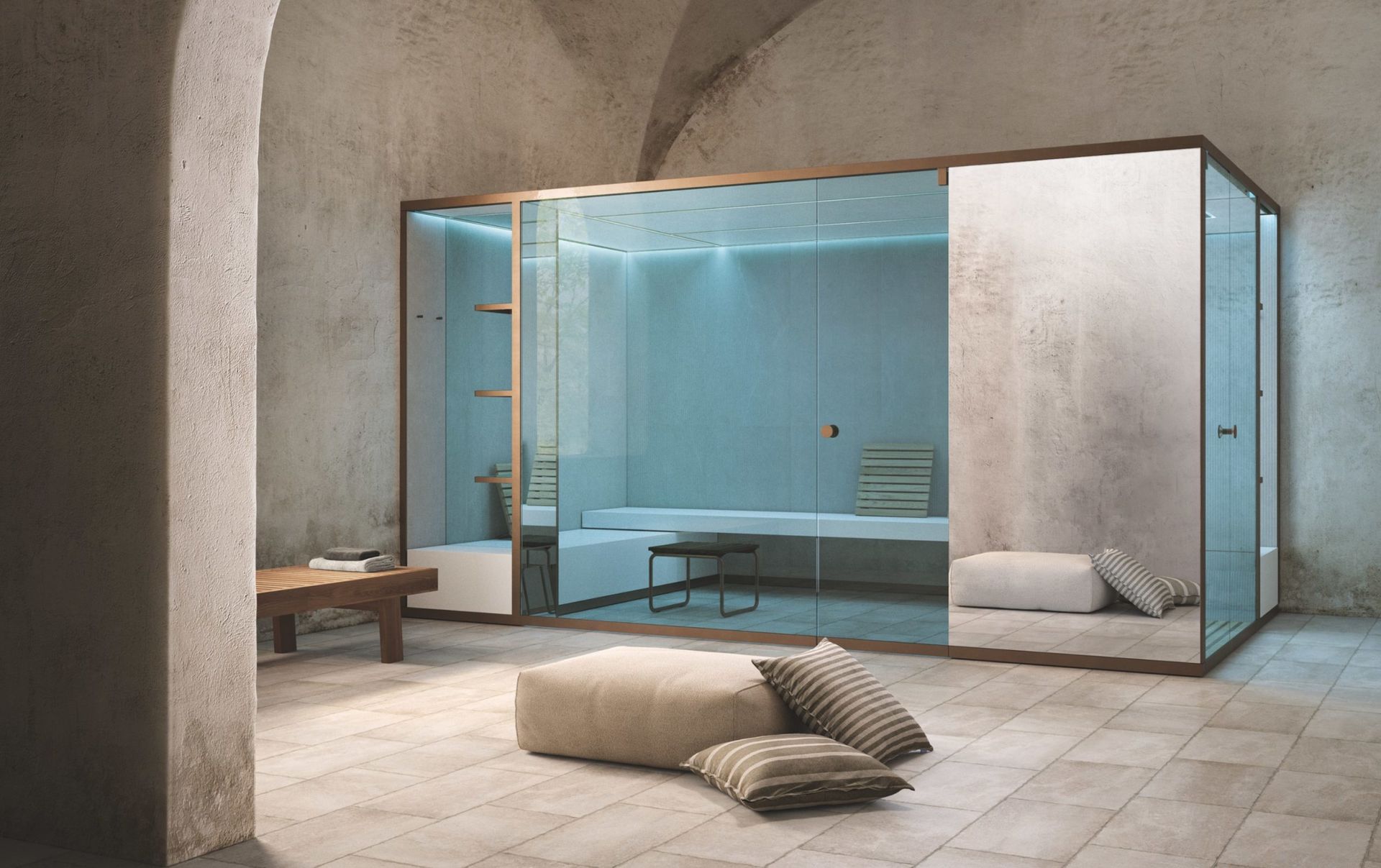 Una stanza con una vasca da bagno e una panca.