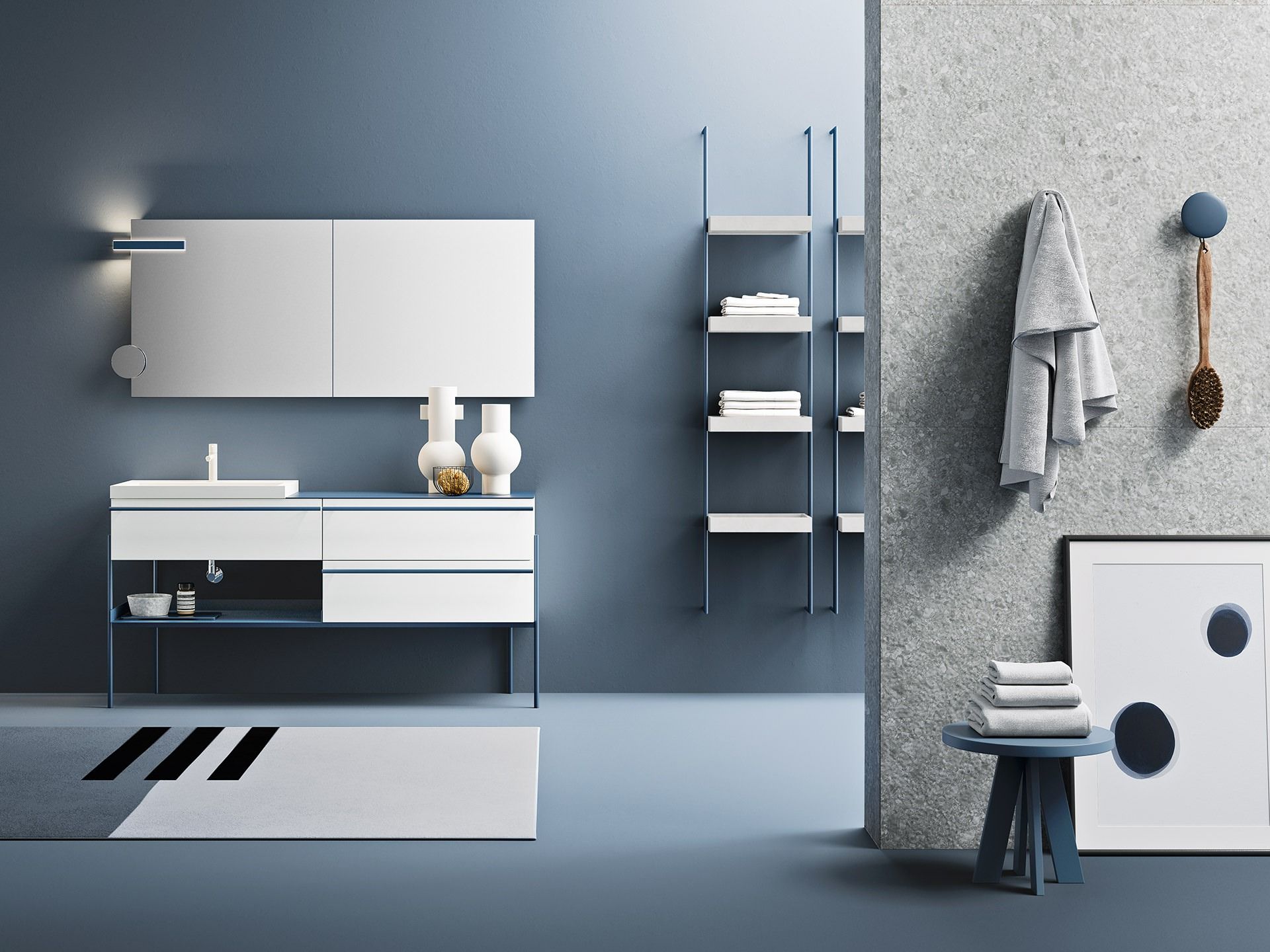 Un bagno con un lavandino, uno specchio e degli scaffali