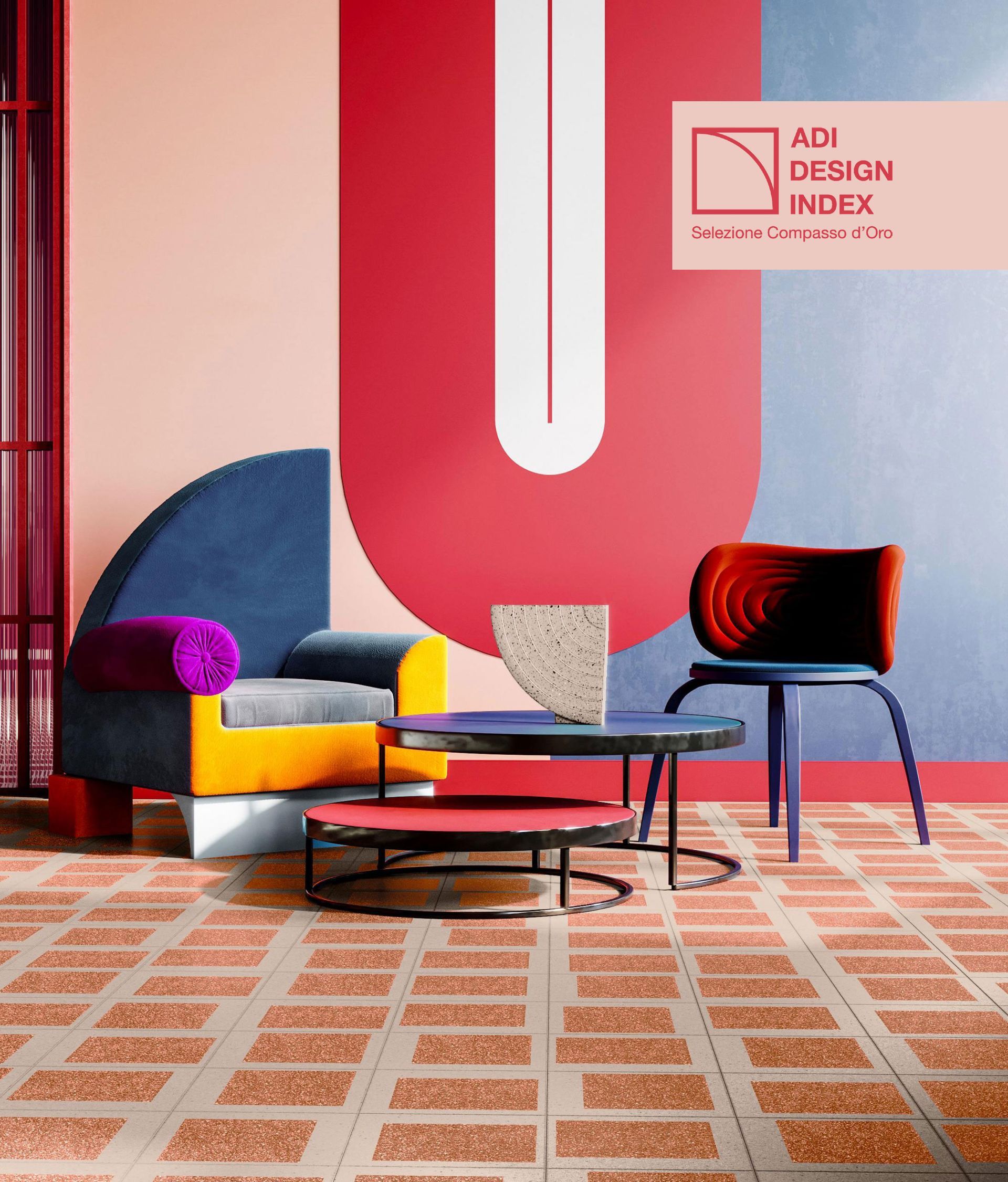Una stanza con mobili e un cartello che dice adi design index